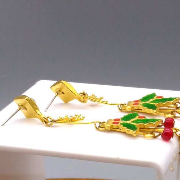 Fun Christams Shoulder Duster Earrings, Gold Tone Crystals Drop to Whimsical - Picture 4 of 4